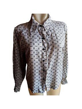 True Vintage Blouse Medium 1960's Geometric Print Button-Up Top Pointed Collar